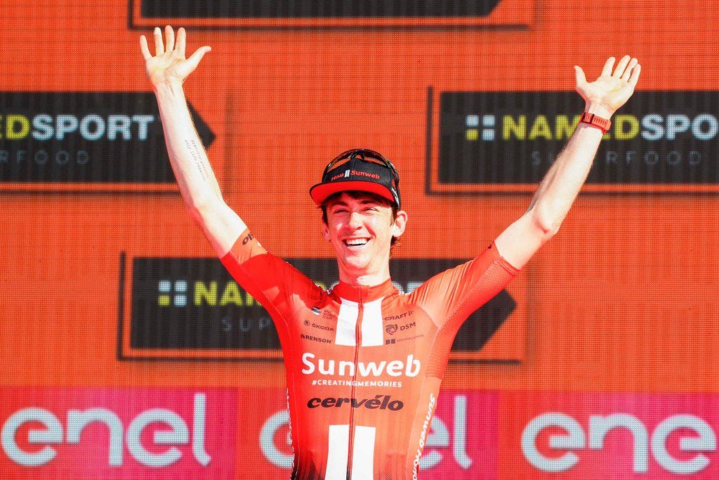 Team Sunweb rider US Chad Haga celebrates on the podium after winning stage twenty-one, the final stage of the 102nd Giro d'Italia - Tour of Italy - cycle race, a 17km individual time-trial in Verona on June 2, 2019. (Photo by Luk BENIES / AFP)LUK BENIES/AFP/Getty Images