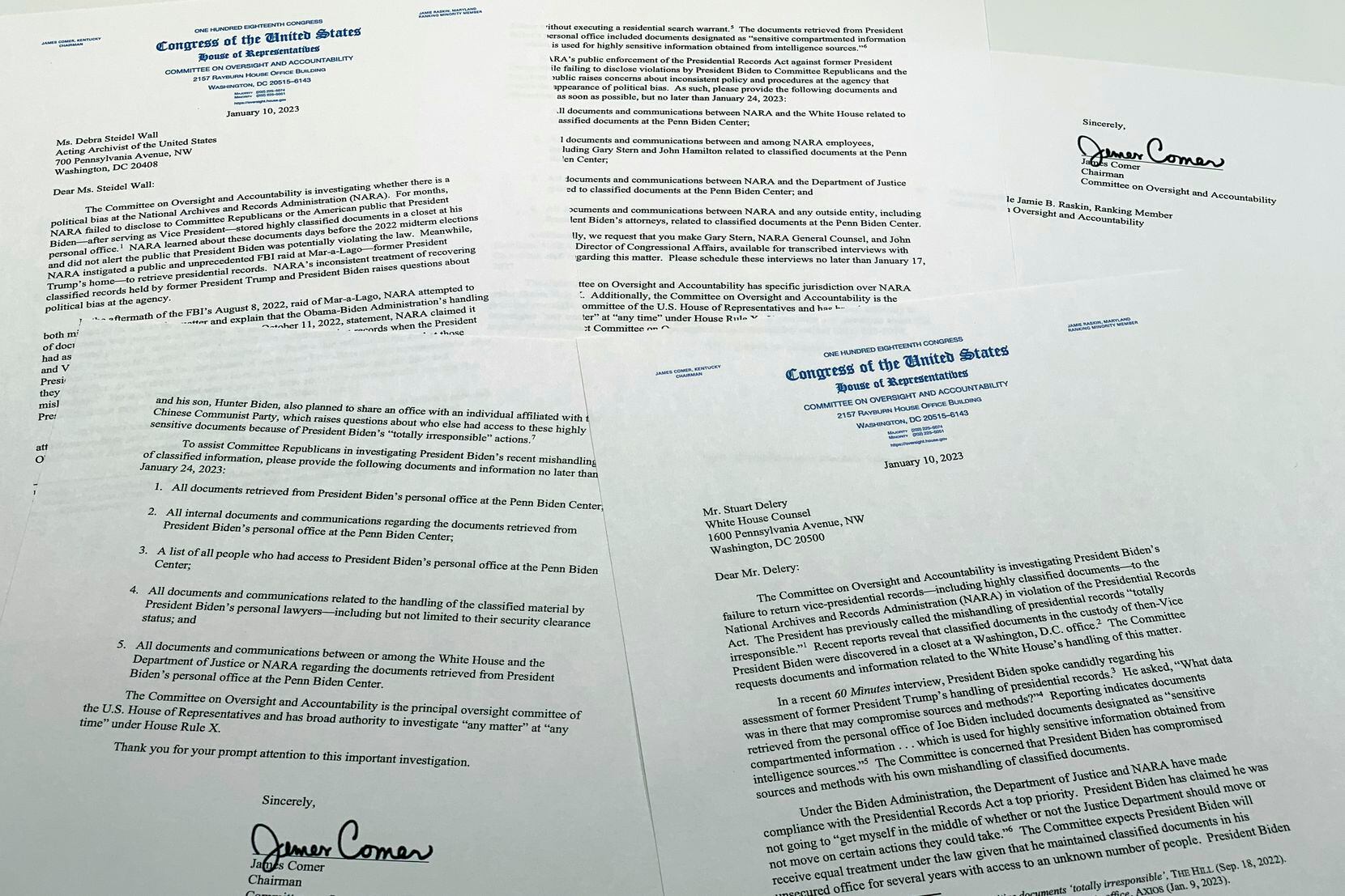 The letters from House Oversight Committee chairman Rep. James Comer, R-Ky., to Debra...
