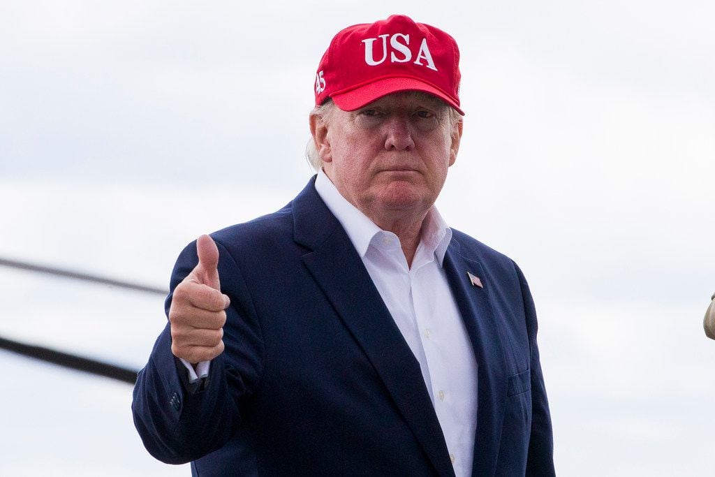 President Donald Trump gives thumbs up before departing Shannon Airport, Friday, June 7,...