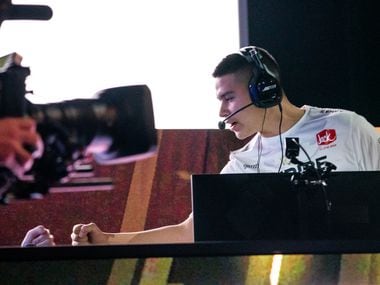 Anthony “Shotzzy” Cuevas-Castro of the Dallas Empire celebrates a round win against the Toronto Ultra, keeping the team in the game during the Call of Duty league playoffs at the Galen Center on Saturday, August 21, 2021 in Los Angeles, California. The Empire lost to Ultra 2 - 3, eliminating them from the tournament.