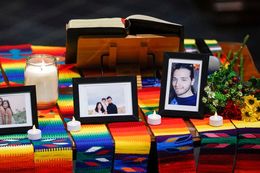 Photos of the victims of the Allen mall mass shooting sit on an altar before a candlelight...