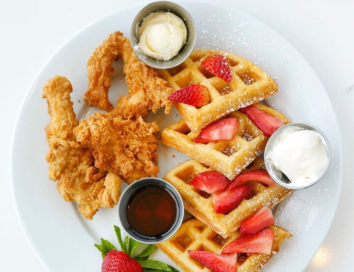 Bella chicken and waffles served at Bellagreen. 