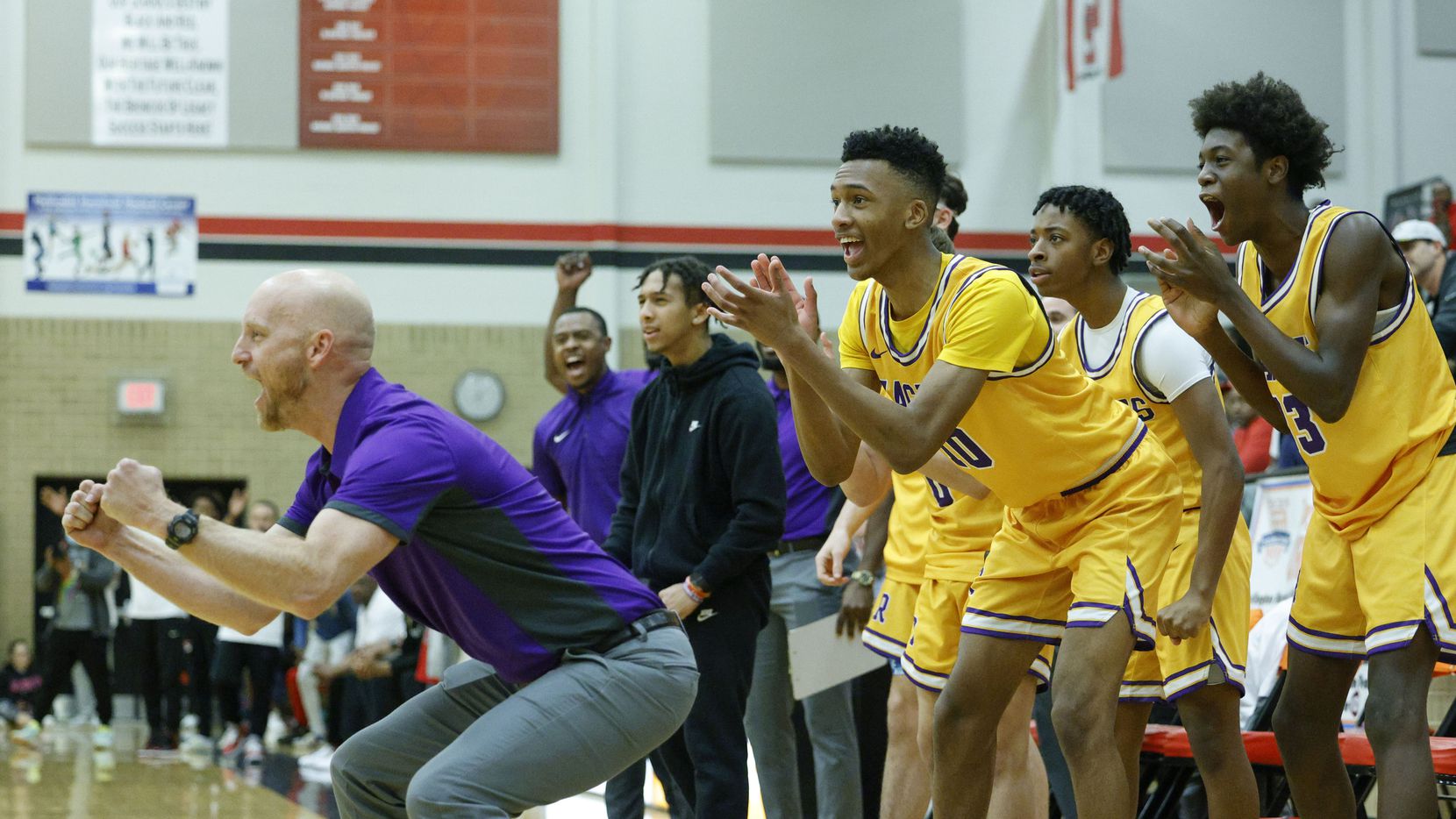 Richardson head coach Kevin Lawson reacts with the team after a basket during the fourth quarter of the Whataburger boys basketball tournament championship game against Duncanville at Mansfield Legacy High School in Mansfield, Texas on Thursday, Dec. 30, 2021. Richardson defeated Duncanville 60-58.