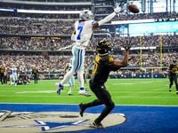 Dallas Cowboys cornerback Trevon Diggs (7) breaks up a pass intended for Washington...