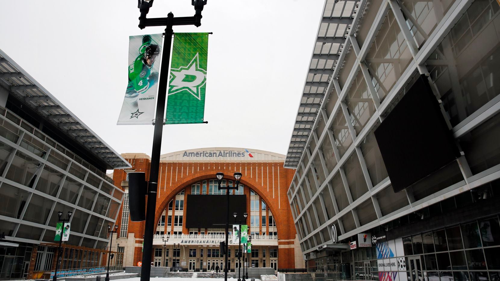 The lights and video boards in Victory Park were turned off to preserve energy in Dallas on...