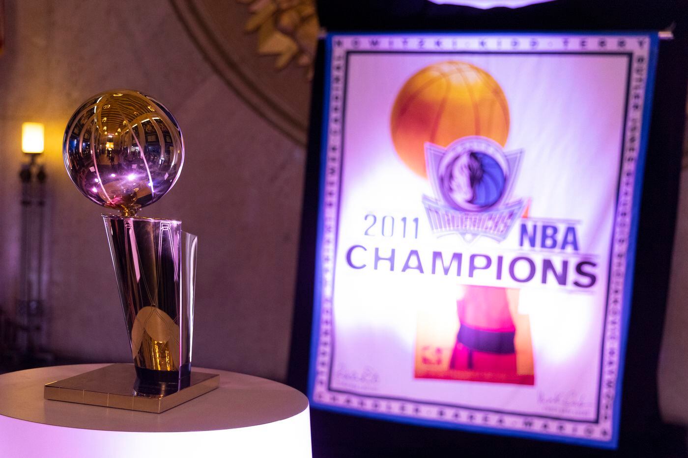 The Dallas Mavericks 2011 NBA championship trophy at Mavs Vault where the history of the...