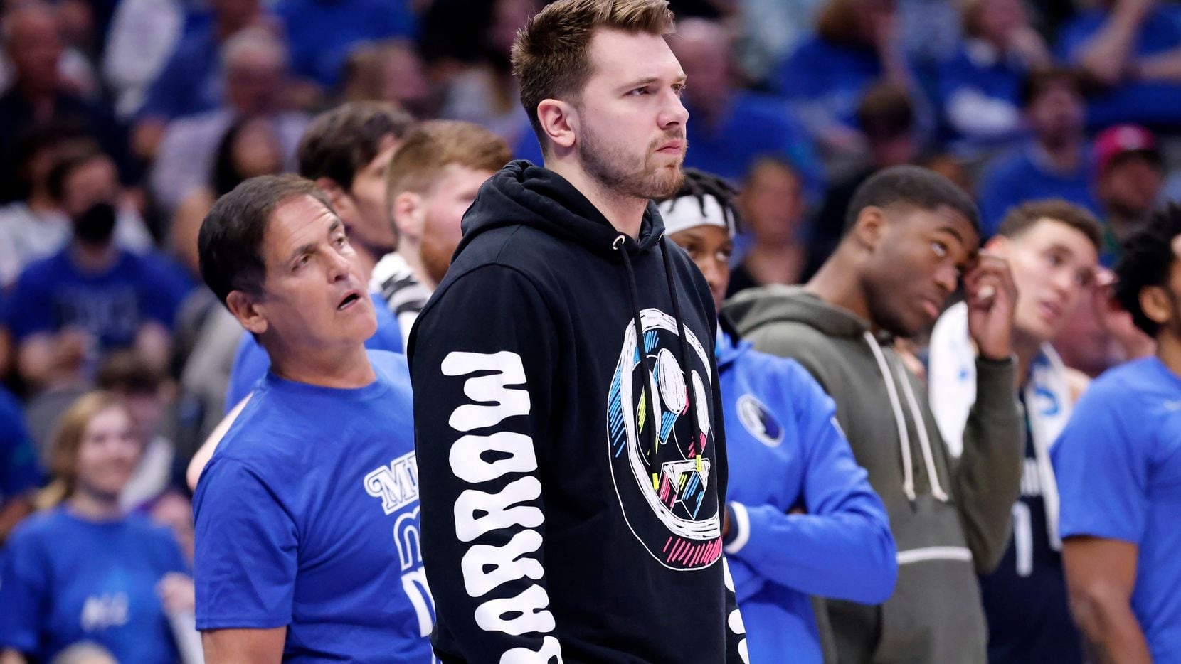 Dallas Mavericks guard Luka Doncic watches Game 1 of an NBA first-round playoff game from...
