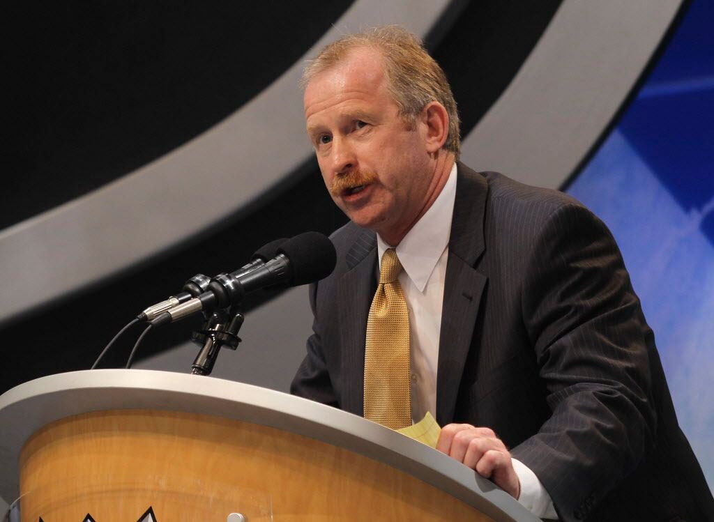 LOS ANGELES, CA - JUNE 25: Jim Nill of the Detroit Red Wings works the draft floor during...