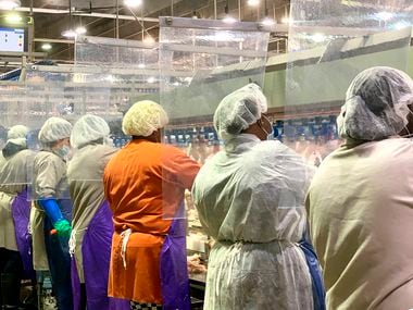 Two of Texas' top three counties for coronavirus prevalence have major meat-packing plants. Shown are Tyson Foods workers at a poultry processing plant in Camilia, Ga., plant who were outfitted with protective masks, standing between new plastic dividers added to create separation.