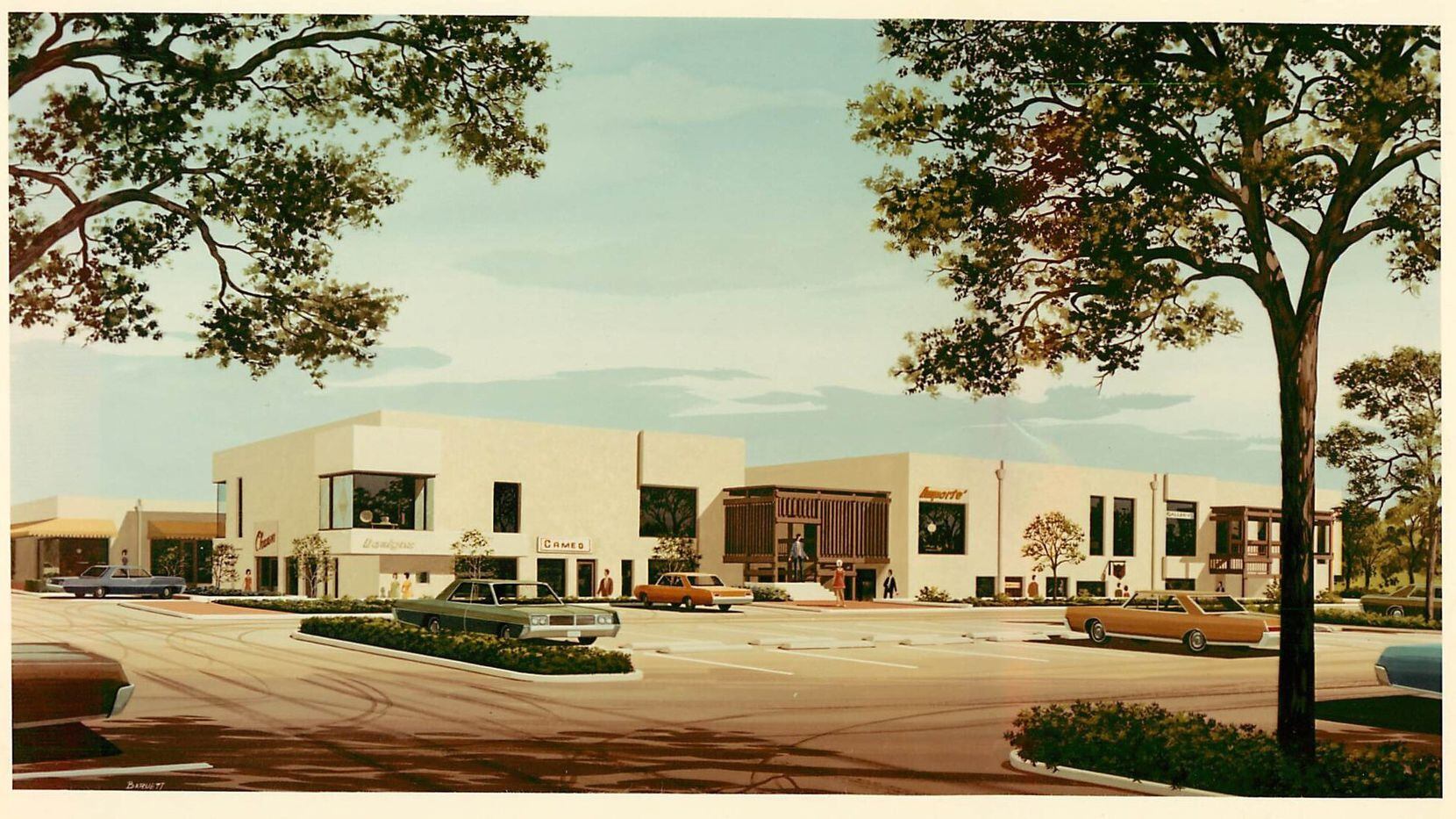 A rendering shows the Quadrangle shopping center by Pratt, Box & Henderson. It opened in...