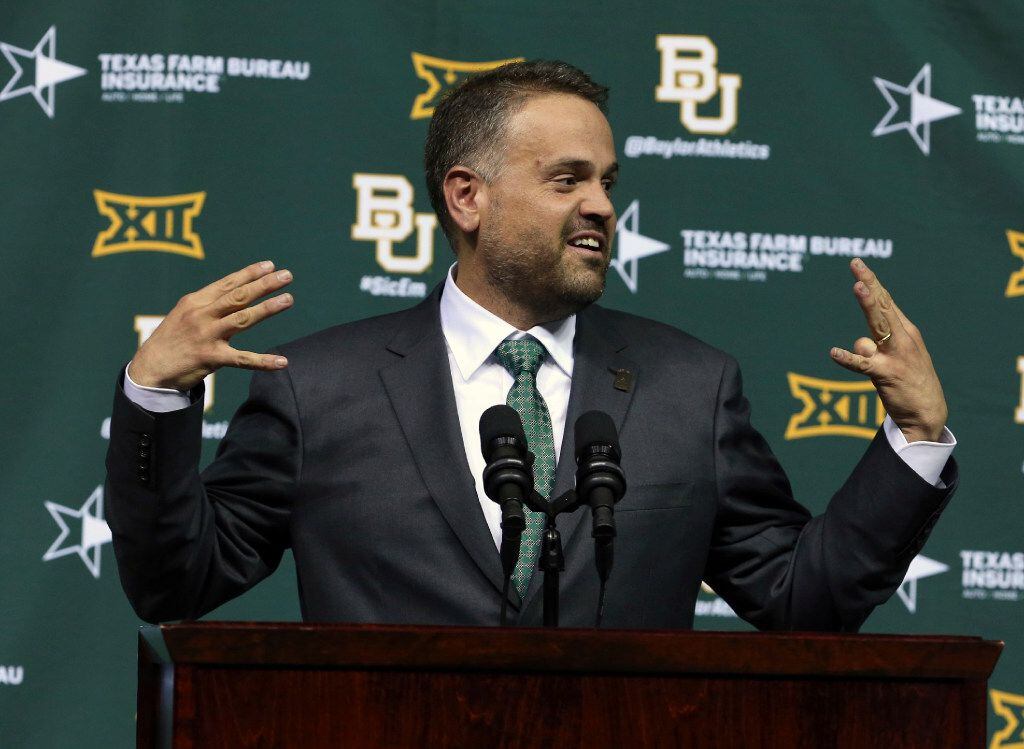 Matt Rhule speaks after being introduced as Baylor University's new football coach during a...