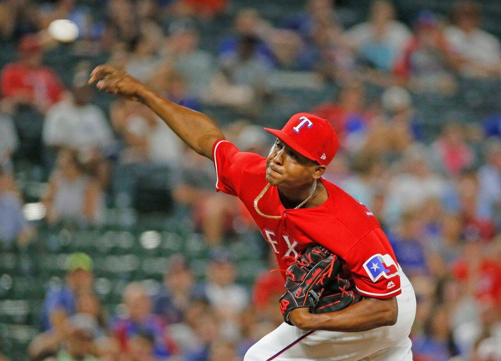 Rangers reliever Jose Leclerc (62) is pictured during a game against the Cleveland Indians...