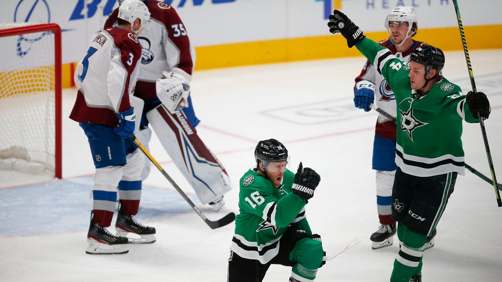 Dallas Stars forward Joe Pavelski (16) celebrates scoring his first goal of the game during the first period of an NHL hockey game against the Colorado Avalanche in Dallas, Friday, November 26, 2021. (Brandon Wade/Special Contributor)