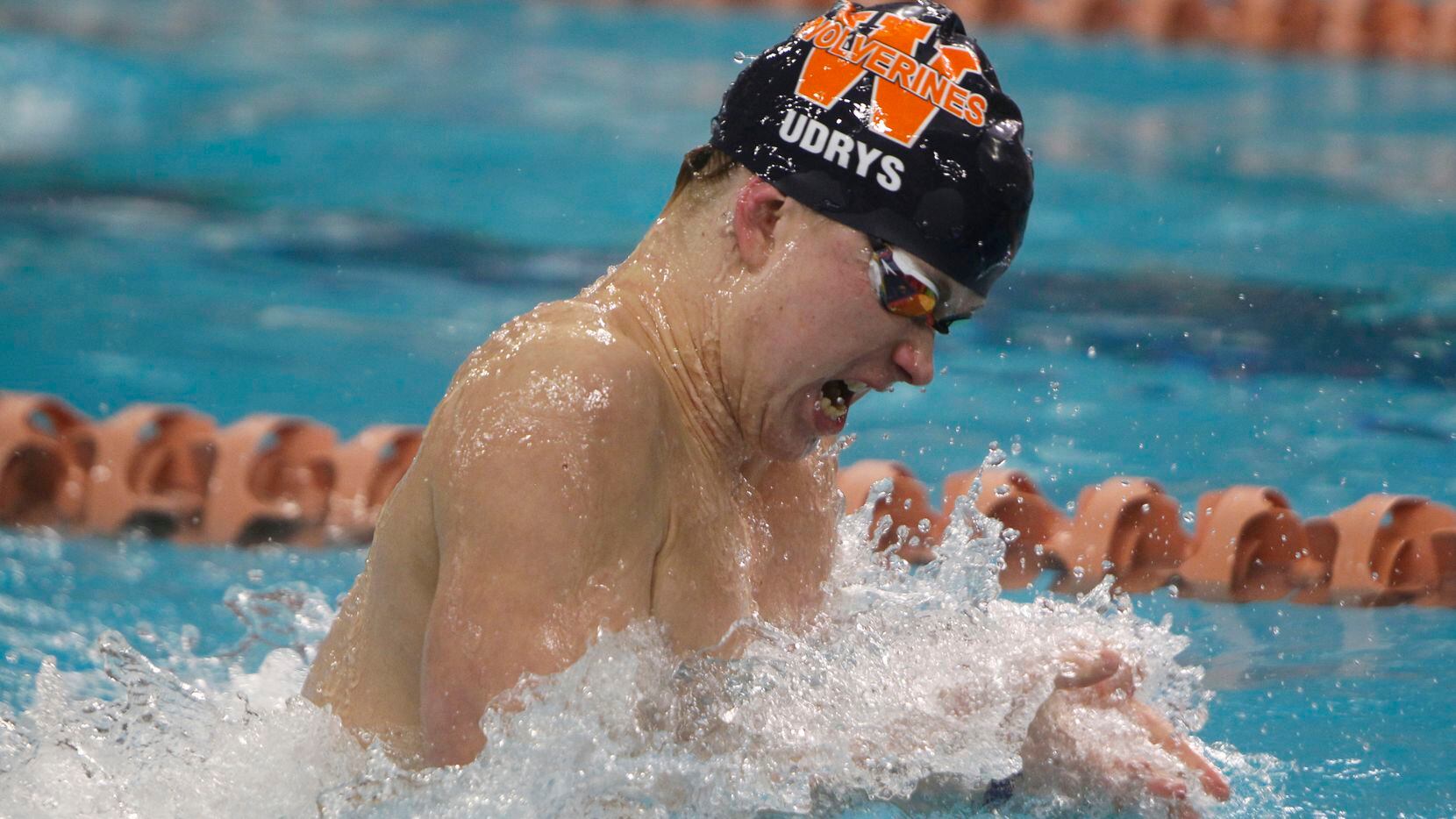 Frisco Wakeland's Alex Udrys competes in the Boys 200 yard medley relay competition. The...