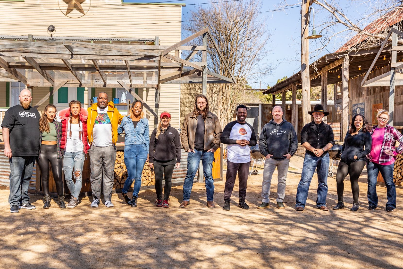 'BBQ Brawl' season 2 contestants are, from left: David Sandusky, Taylor Carroll, Christina Fitzgerald, Max Hardy, Brittany Bo Baker, Megan Day, Brendan Lamb, Terry Matthews, Christopher Prieto, Ara Malekian, Erica Blaire Roby and Lu Holter. 