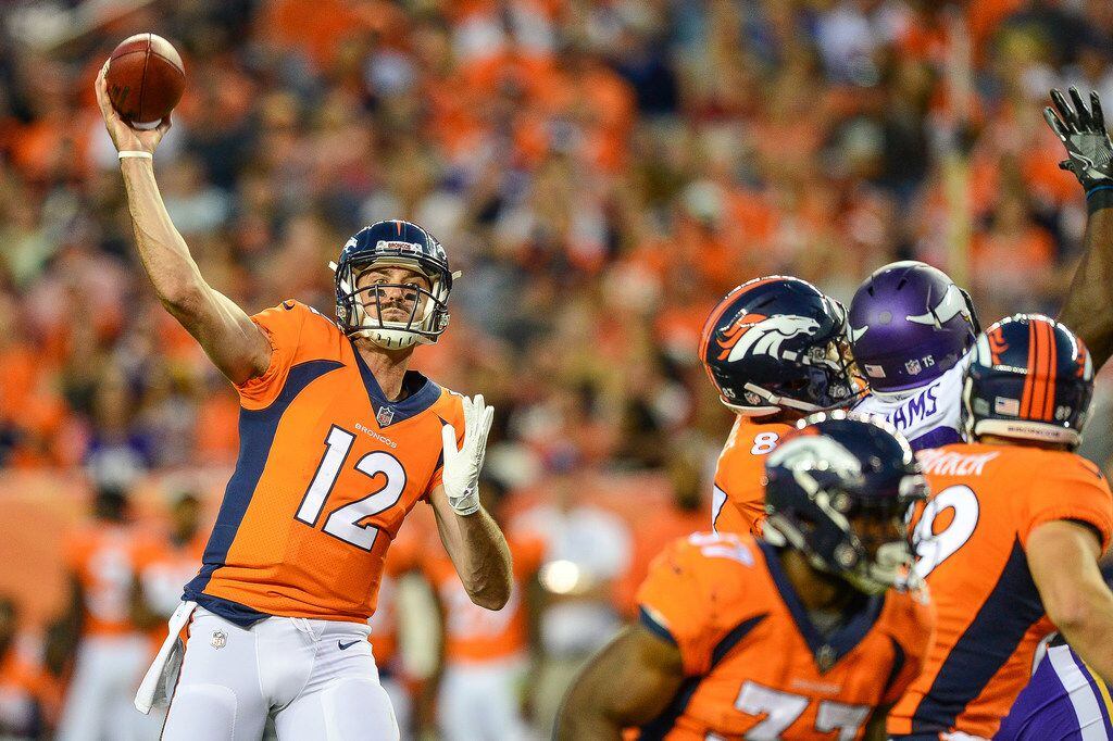 DENVER, CO - AUGUST 11:  Quarterback Paxton Lynch #12 of the Denver Broncos passes against...