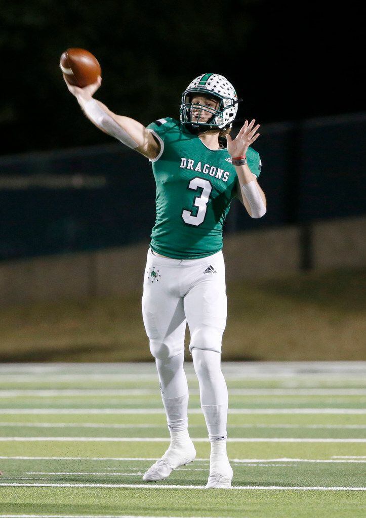 Southlake's Quinn Ewers (3) throws the ball against Eaton during the first half of their...