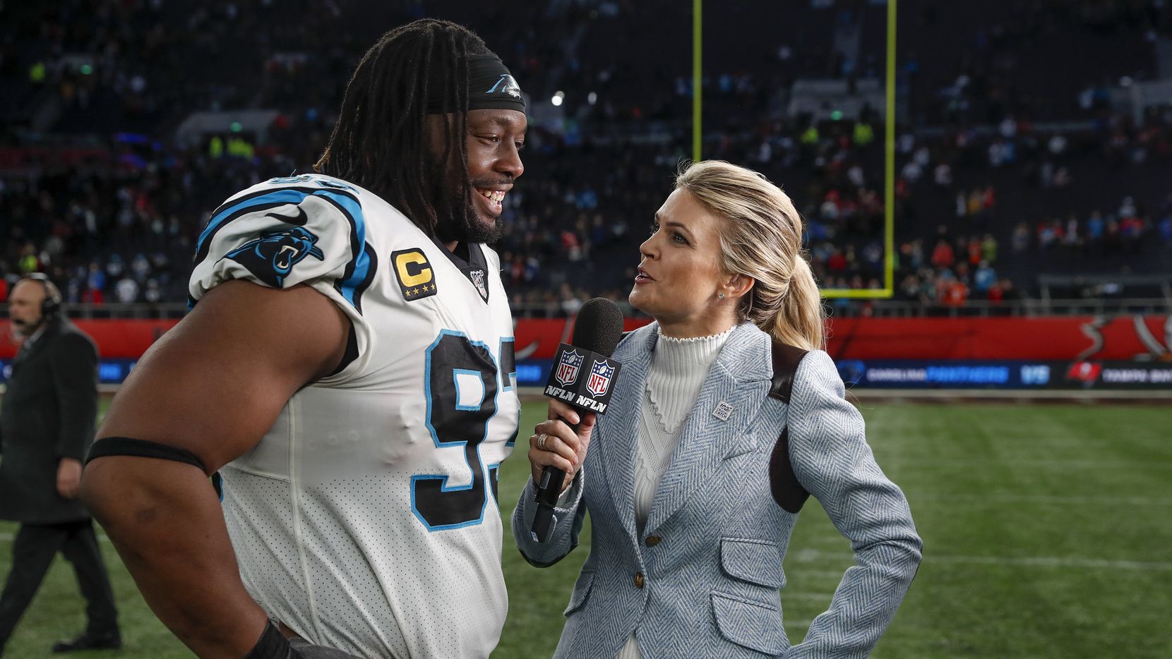 Carolina Panthers defensive tackle Gerald McCoy (93) is interviewed after playing against...