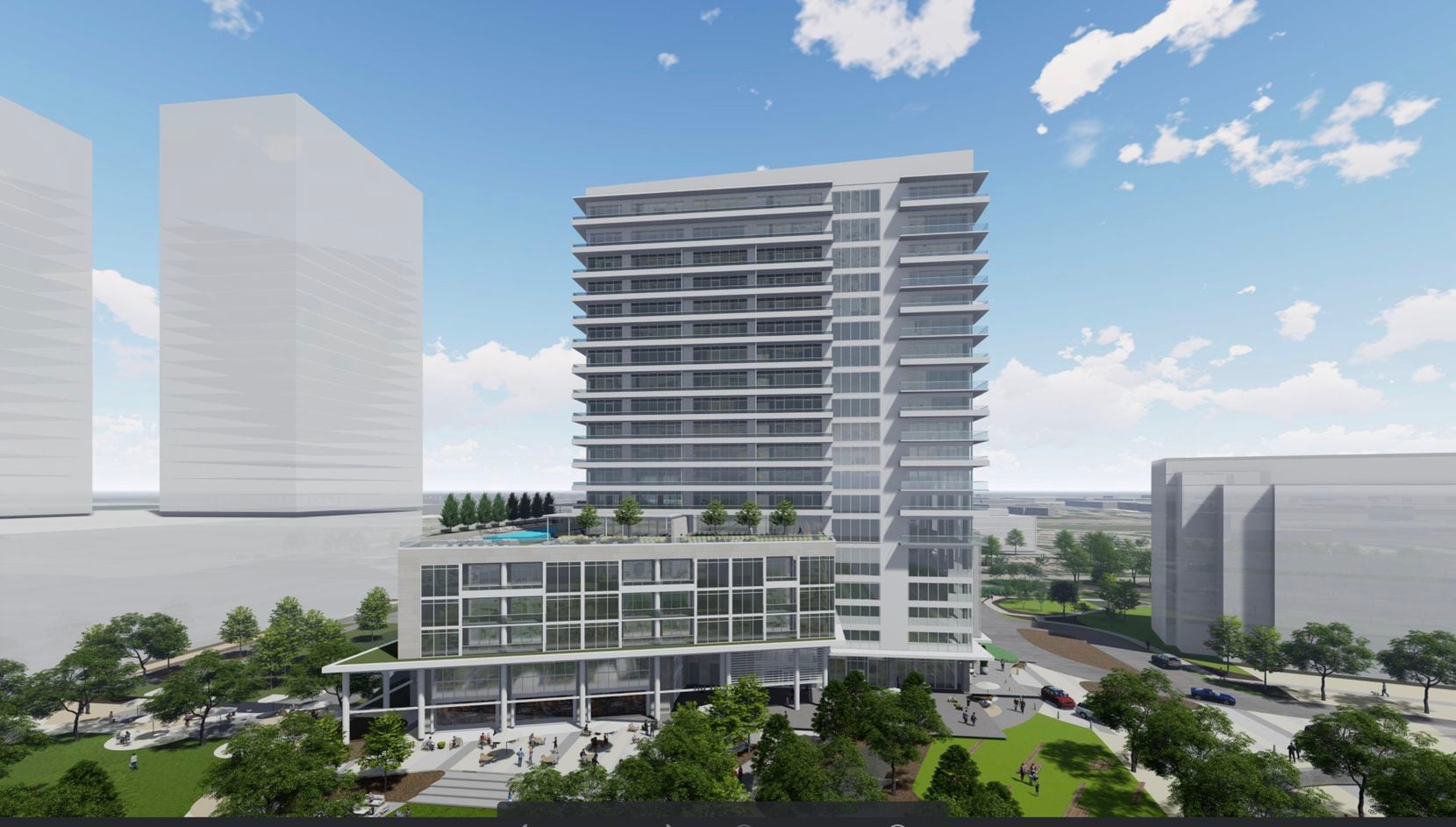 The mixed-use development includes a 19-story apartment tower.