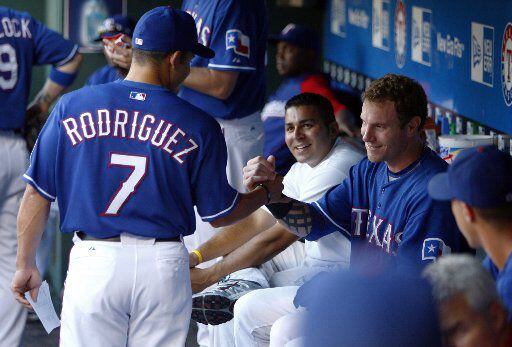ORG XMIT: *S19787869* (Taken 08-18-09) --- Texas Rangers catcher Ivan "Pudge" Rodriguez and...