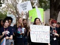 Grapevine High School students protest a new LGBTQ policy passed by the school board,...