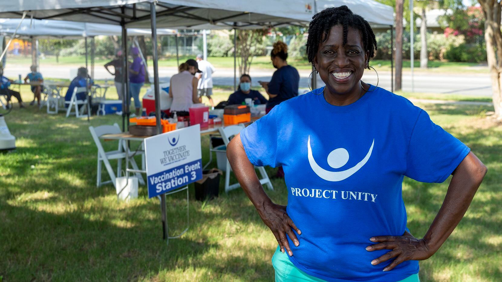 Marian A Williams, co-coordinator for outreach at St. Luke Community United Methodist Church, pictured during a Project Unity COVID-19 vaccine clinic at Frazier Townhomes Community Center on Saturday, July 31, 2021, in Dallas.