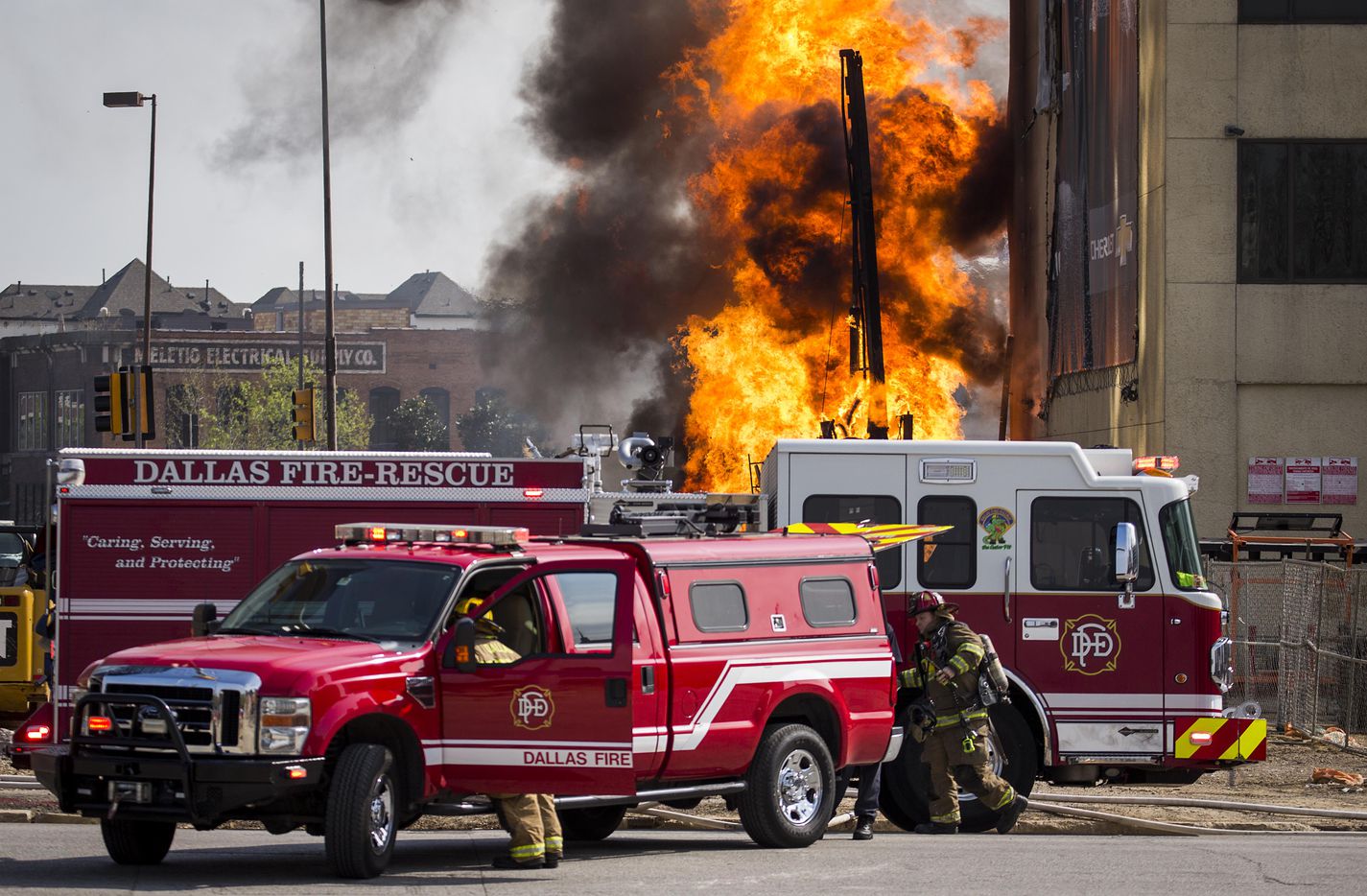 Dallas Fire-Rescue responds to the scene of a fire in the 2100 block of Main Street, where an unspecified company struck a gas line on Friday, March 10, 2017, in Dallas. 