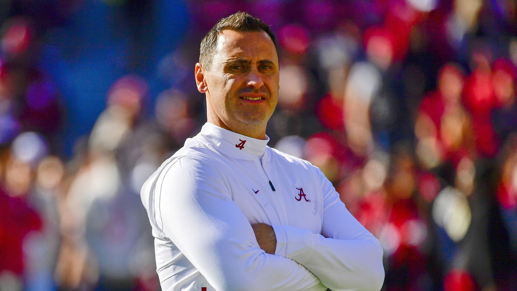 In this Nov. 9, 2019, file photo, Alabama offensive Coordinator Steve Sarkisian watches...