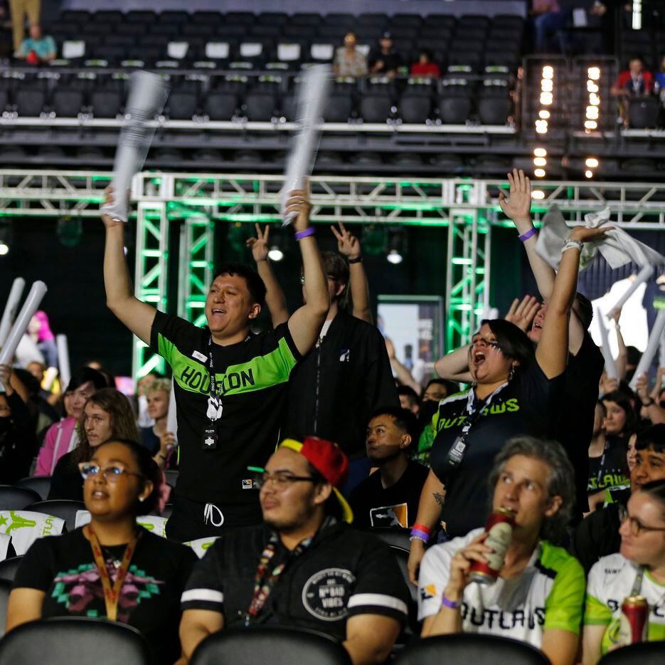 Fans cheer before the start of the Dallas fuel vs. Houston Outlaws Overwatch League match on...