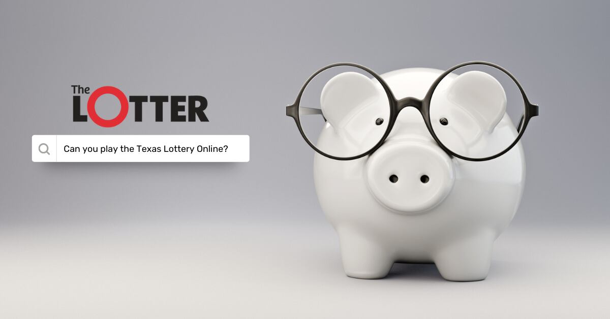 A photo of a piggy bank with glasses. Search bar reads "Can you play the Texas Lottery online?"