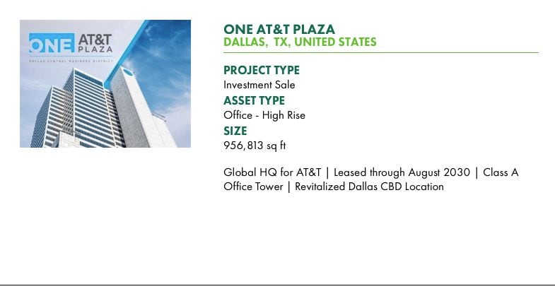 CBRE is advertising the AT&T tower for sale to investors on its marketing website.
