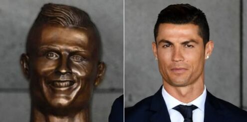 El busto en su honor y el futbolista Cristiano Ronaldo, en Madeira, Portugal. Fotos AP

