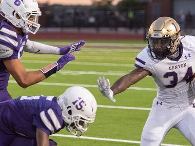 Denton High School RB Coco Brown (No. 34) leads Dallas-area 5A schools with 1,254 rushing...