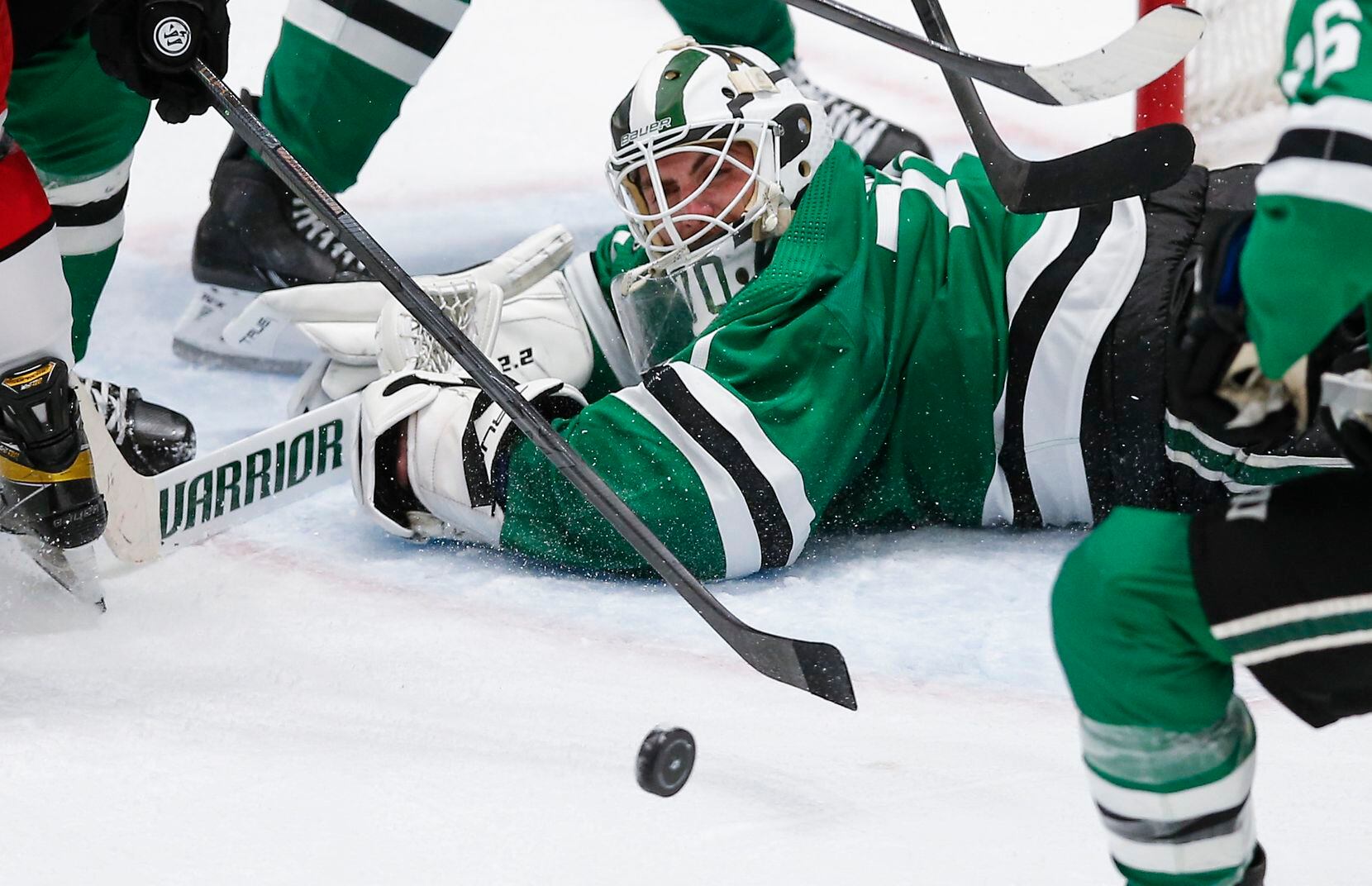 Dallas Stars goaltender Braden Holtby (70) stops a shot by the Carolina Hurricanes during the third period of an NHL hockey game in Dallas, Tuesday, November 30, 2021. Dallas won 4-1. (Brandon Wade/Special Contributor)