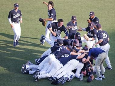 Dallas Baptist celebrates their 8-5 win over Oregon St. following the NCAA Division I Baseball Regional Championship game in Fort Worth, Texas on June 7, 2021. (Ron Jenkins/Special Contributor)