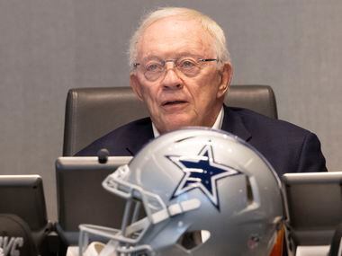 (From left) Dallas Cowboys Owner Jerry Jones heads the table in The War Room during the...