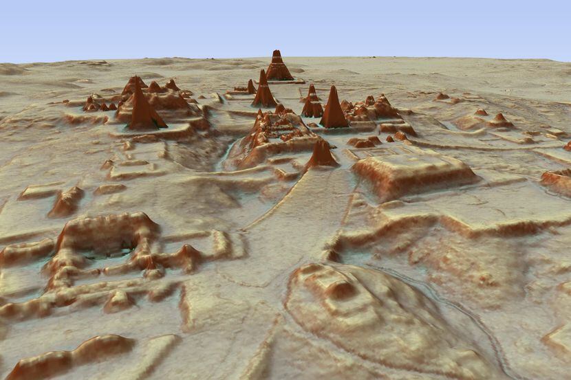 Una imagen en 3D muestra sitios arqueológicos cubiertos por la densa selva en Guatemala....