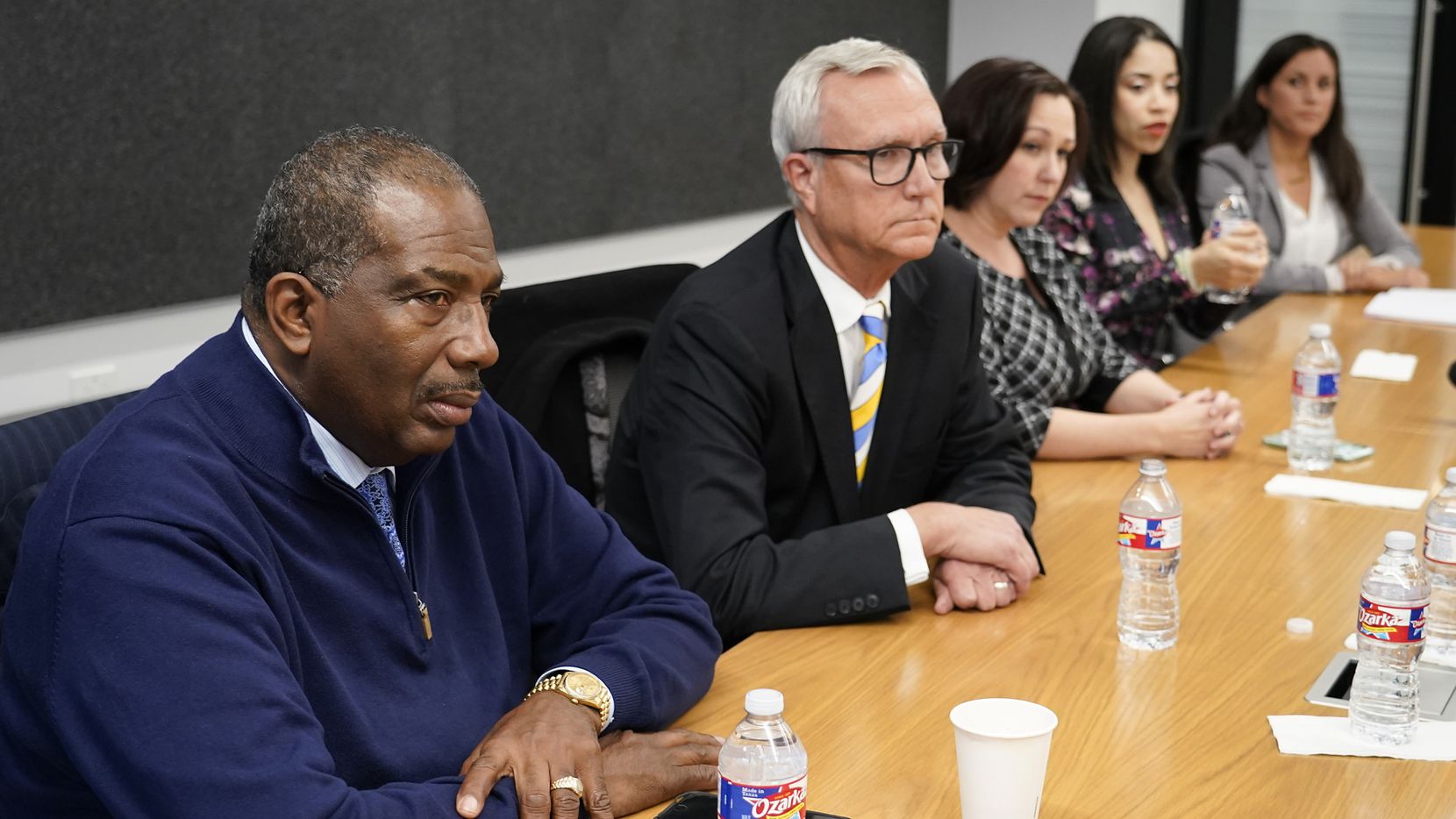 Democratic senate candidates, from left, Royce West, Chris Bell, MJ Hegar, Amanda Edwards and Cristina Tzintzún Ramirez take questions from The Dallas Morning News editorial board on Wednesday, Feb. 5, 2020, in Dallas. (Smiley N. Pool/The Dallas Morning News)