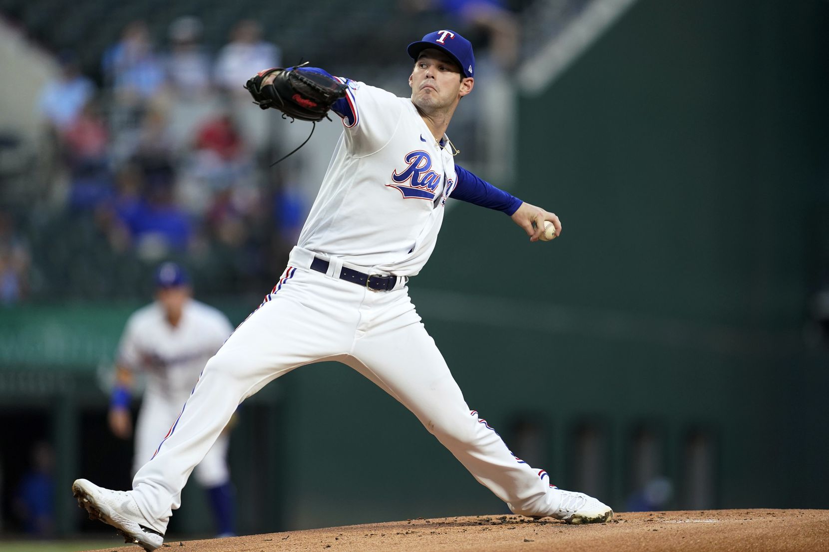 Texas Rangers starting pitcher Cole Ragans throws to an Oakland Athletics batter during the...