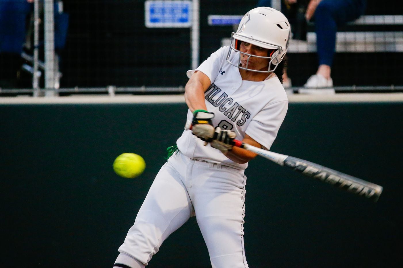 Denton Guyer's Tehya Pitts (8) swings at the ball from Keller during the third inning of a nondistrict softball game in Denton on Tuesday, March 30, 2021. (Juan Figueroa/ The Dallas Morning News)