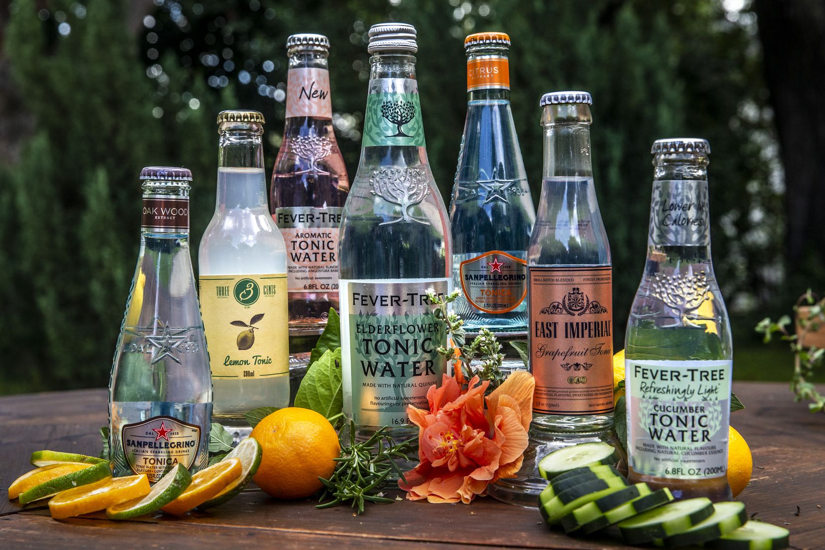 An array of bottled flavored tonic waters