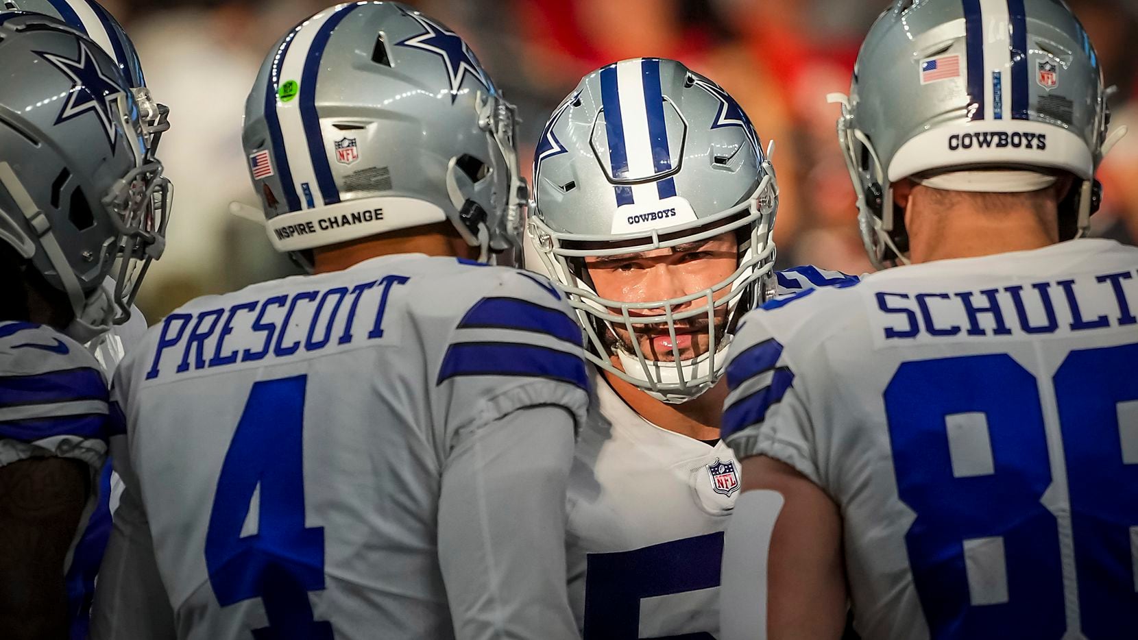 Dallas Cowboys guard Connor Williams (52) leans into the huddle during the first half of an...