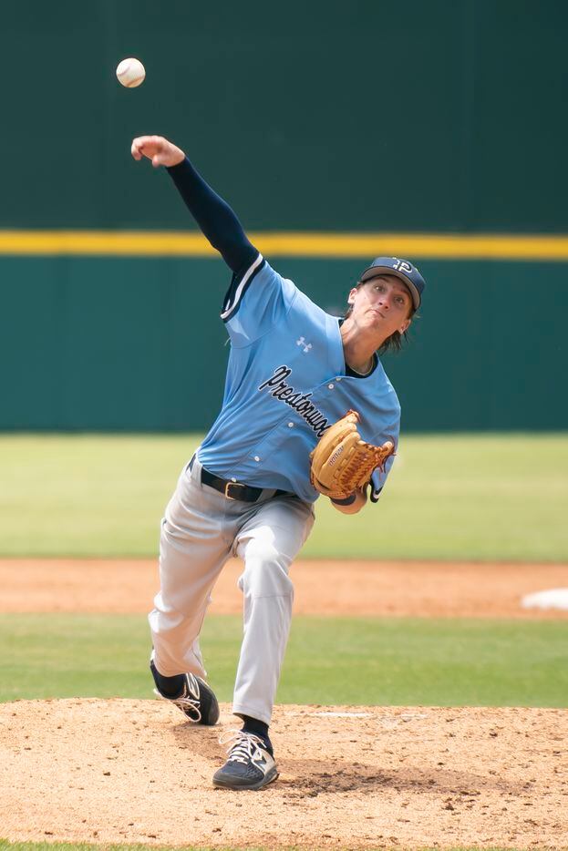 Prestonwood junior Bennett Seal (19) delivers a pitch during the TAPPS Division I baseball...