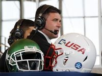 North Texas coach Seth Littrell answers questions in a broadcast interview during Conference...