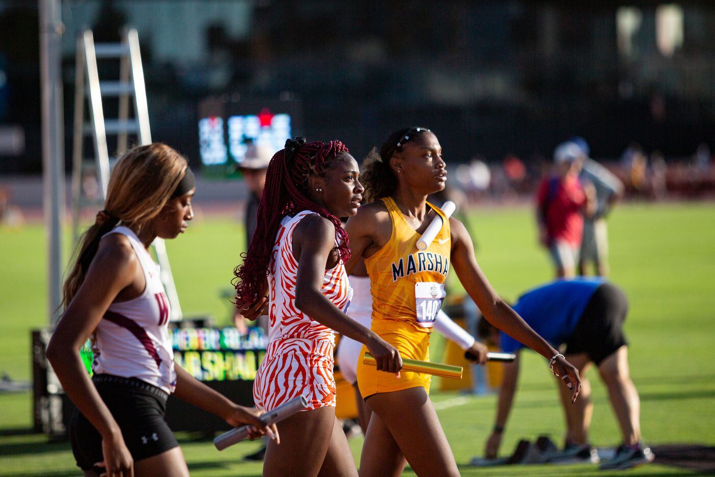 Lancaster’s Kelaiah Daniyan reacts after crossing the finish line during the girls’ 4x200...