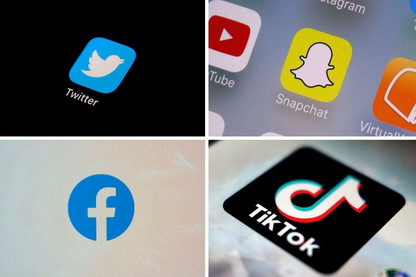 This combination of photos shows logos of Twitter, Snapchat, Facebook and TikTok.
