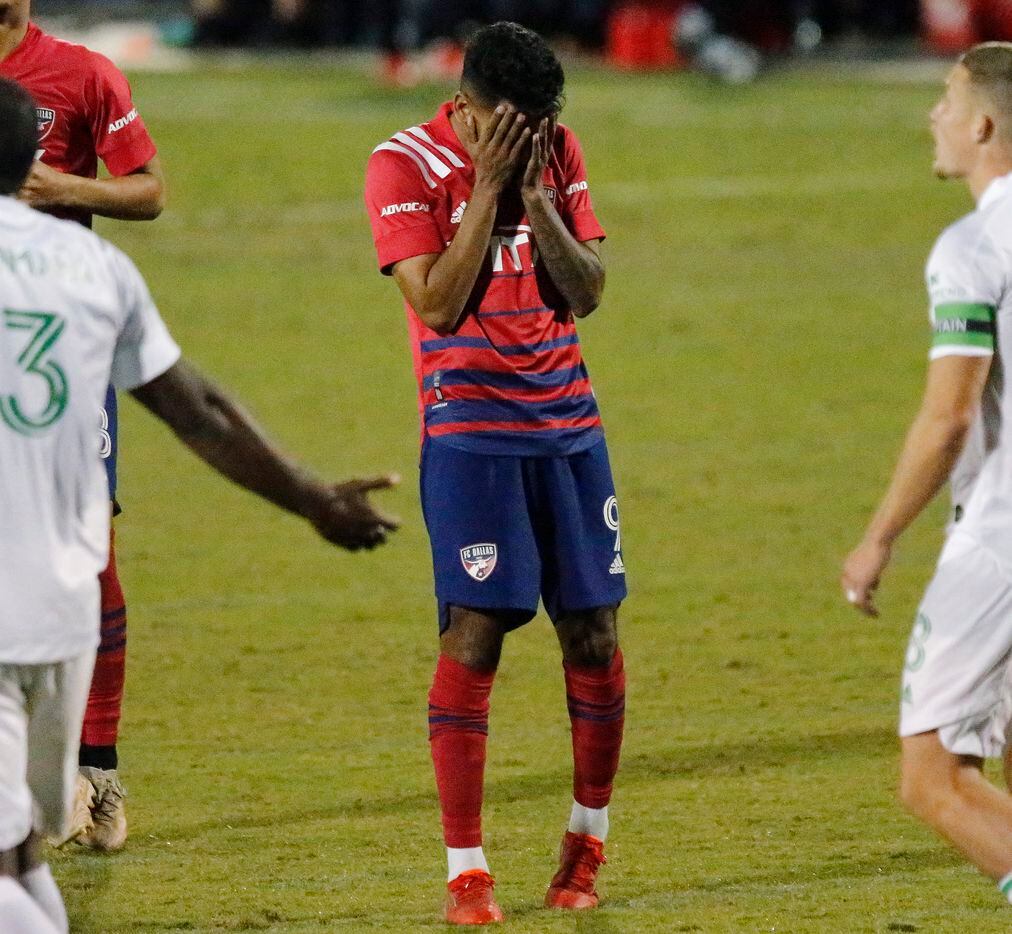 FC Dallas forward Jesus Ferreira (9) reacts to a missed shot on goal during the second half as FC Dallas hosted Austin FC at Toyota Stadium in Frisco on Saturday, October 30, 2021. (Stewart F. House/Special Contributor)