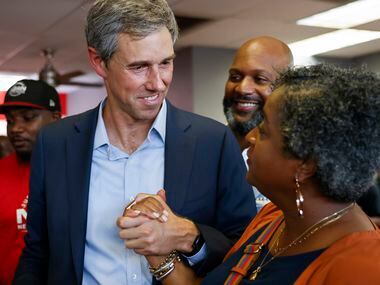 Texas Governor candidate Beto O'Rourke, left, greets Texas State Rep. Rhetta Bowers after he...