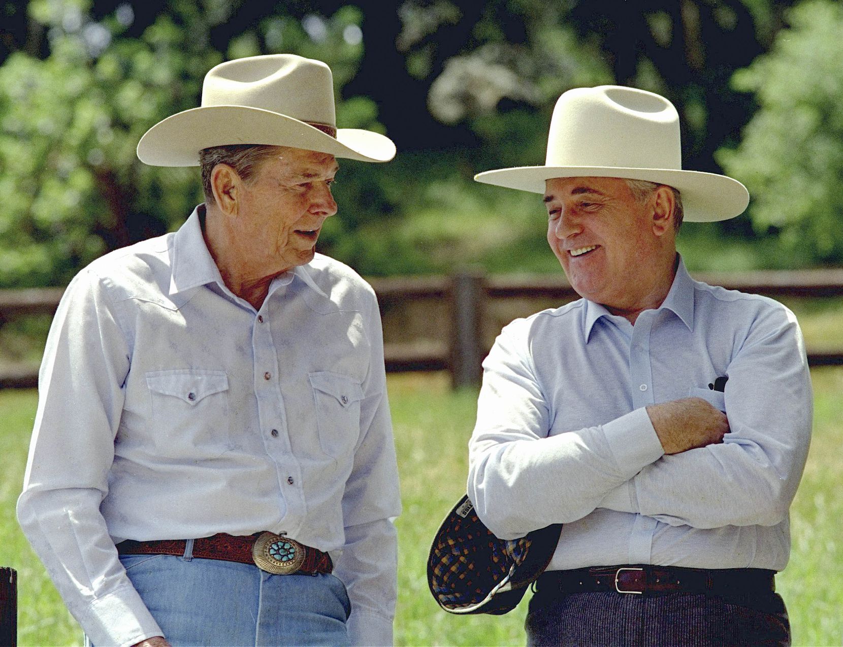 Former President Ronald Reagan (left) and former Soviet President Mikhail Gorbachev donned...