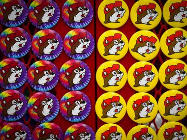 Rows of buttons wearing the store logo are seen at Buc-ee's on Tuesday, Jan. 31, 2023, at...
